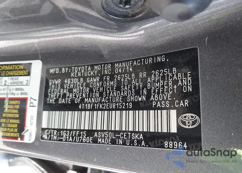 2014 Toyota Camry Se из США, поврежденный, VIN 4T1BF1FK2EU815219